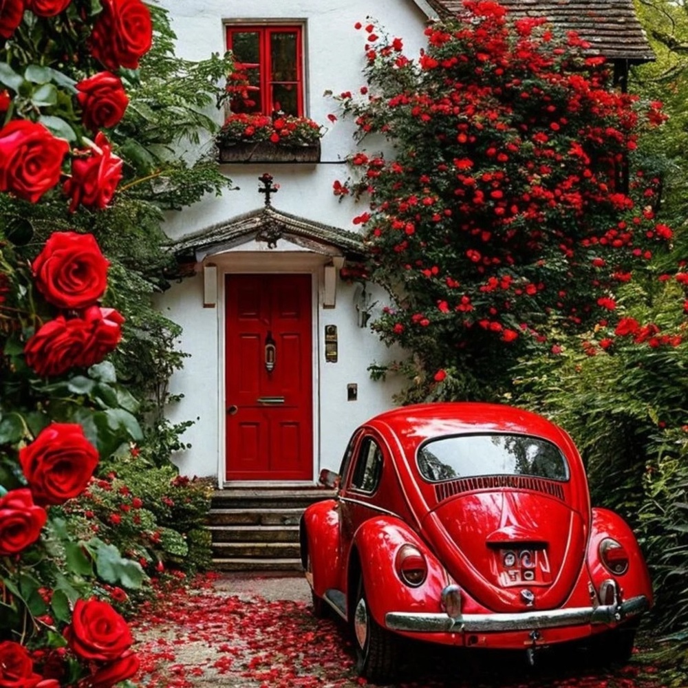 Red Framed Vintage Car and Roses Art - 6x8